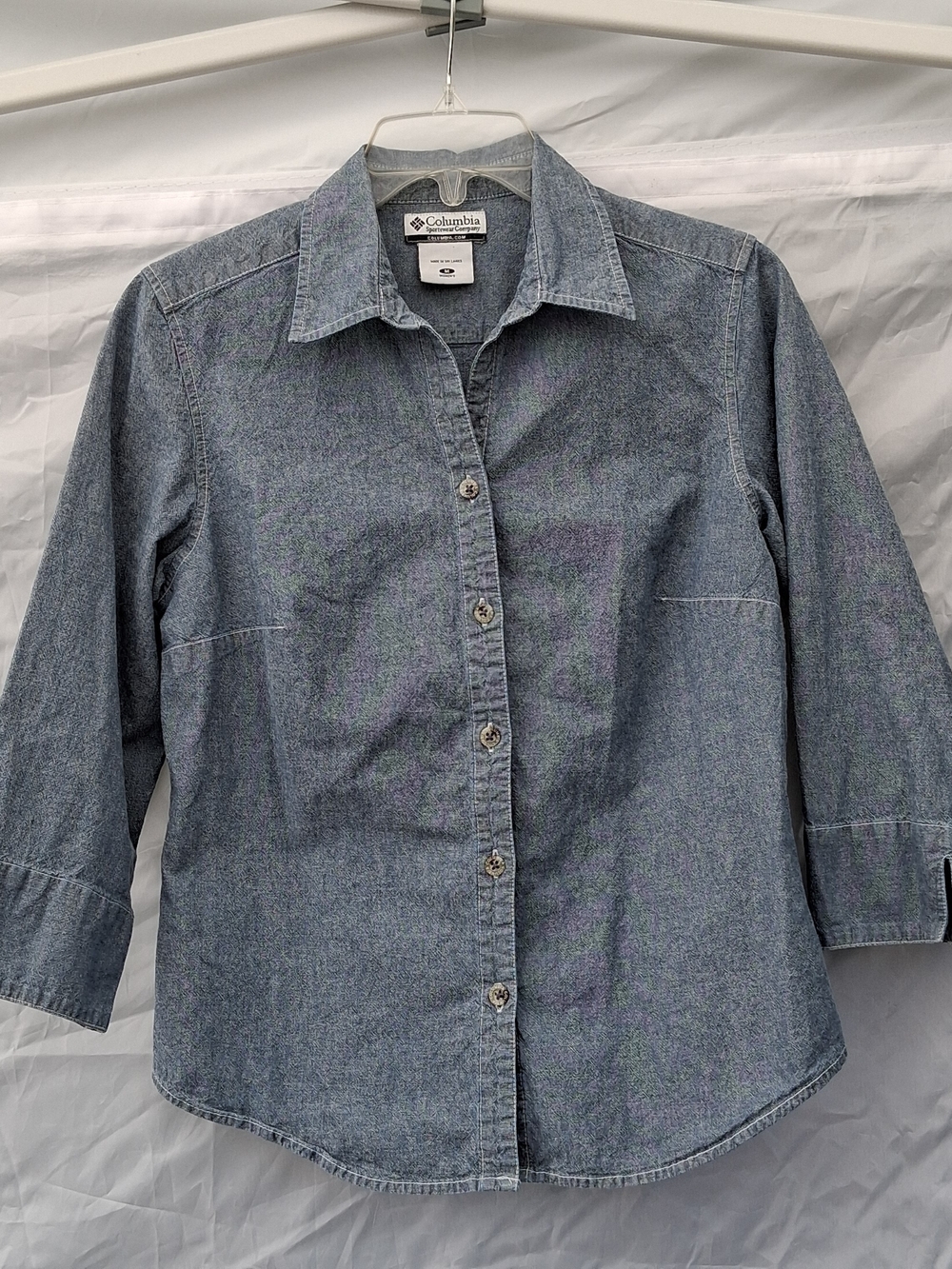 Columbia Womens Blue Denim Button-Up Shirt 3/4 Sleeve W Notch M